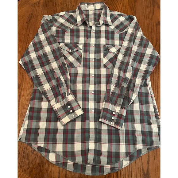 Other - vintage Western Frontier Mens‎ Large Pearl Snap Long Sleeve Plaid Maroon Gray